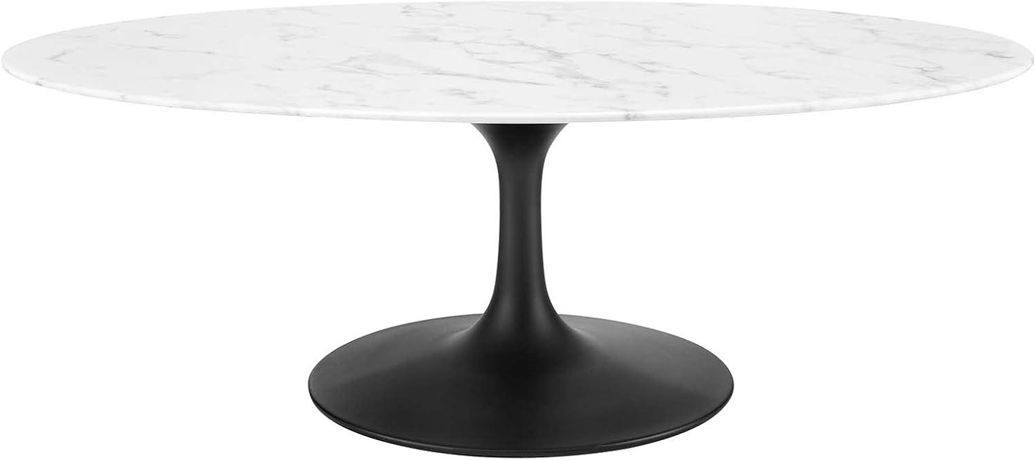 48" Oval Black and White Marble Coffee Table with Wood Base