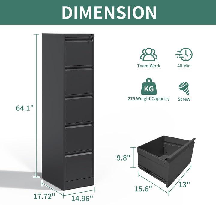Yiyuanjin 5 Drawer Vertical Metal File Cabinet with Lock for A4 Legal/Letter Size, Black