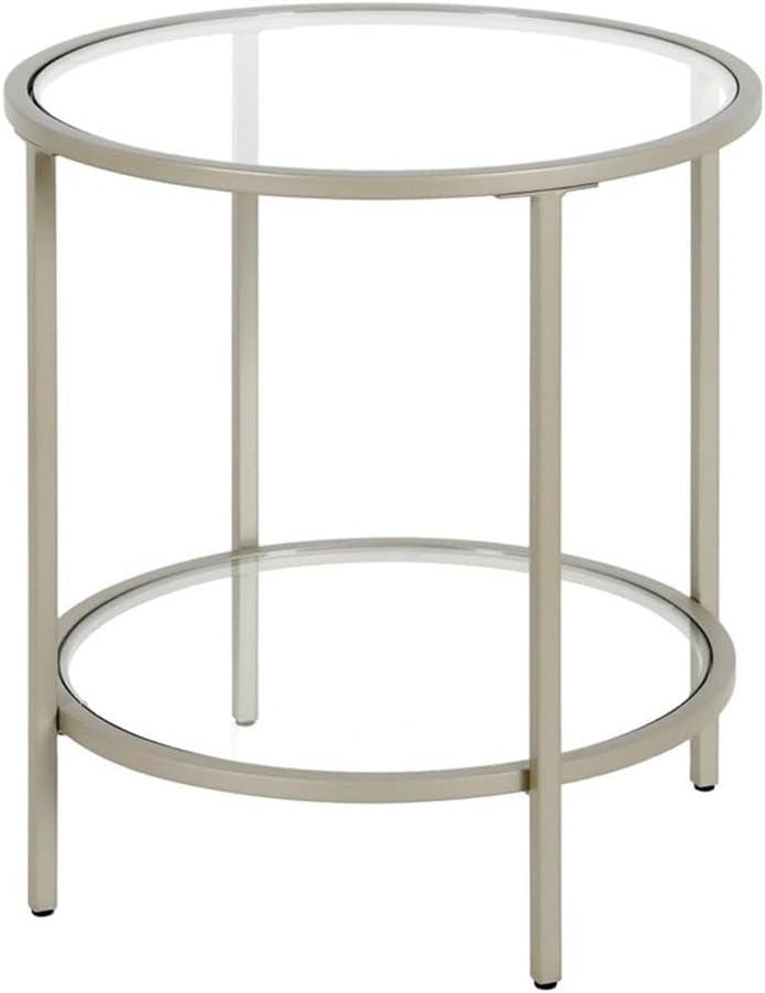 Satin Nickel 20" Round Metal & Glass Side Table with Shelf