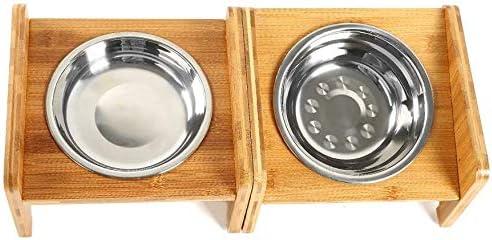 YY FOREYY Set of 2 Raised Pet Bowls for Dogs and Cats - Bamboo Tilted Single Elevated Dog Cat Food and Water Bowls Stand Feeder with 3 Stainless Steel Bowls and Anti Slip Feet for Comfort Feeding(S)