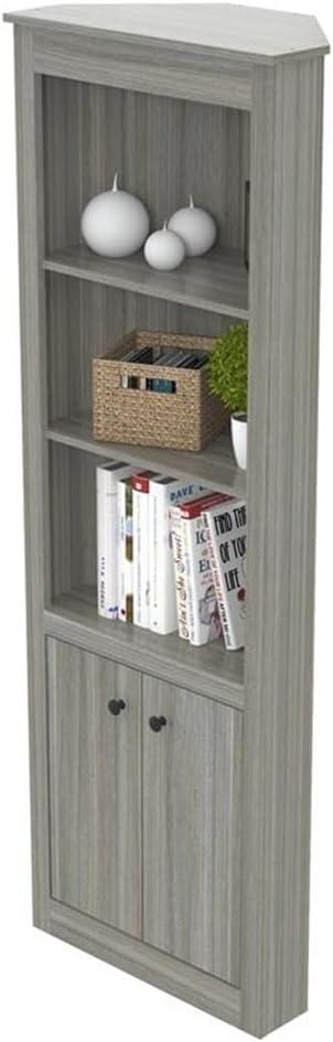 70.02" Corner Bookshelf Gray - Inval: Modern Smoke Oak, 3 Shelves, Double Door Storage