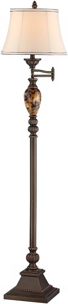 Kathy Ireland Vintage Swing Arm Floor Lamp 61" Tall Bronze Marble Font Faux Silk Shade for Living Room Reading House Bedroom Home