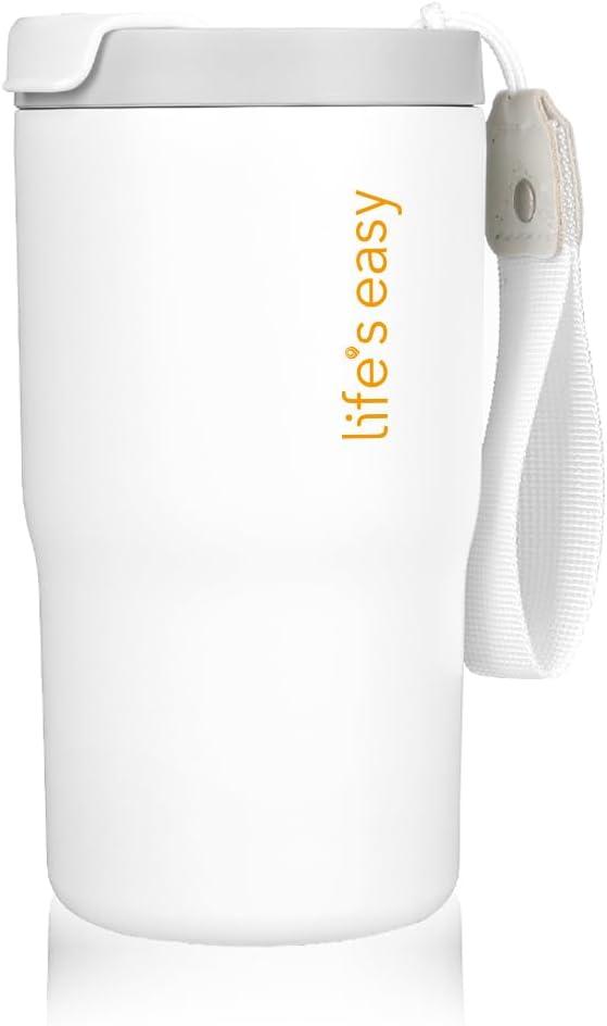 Life's Easy 16 oz White Stainless Steel Travel Tumbler with Strap