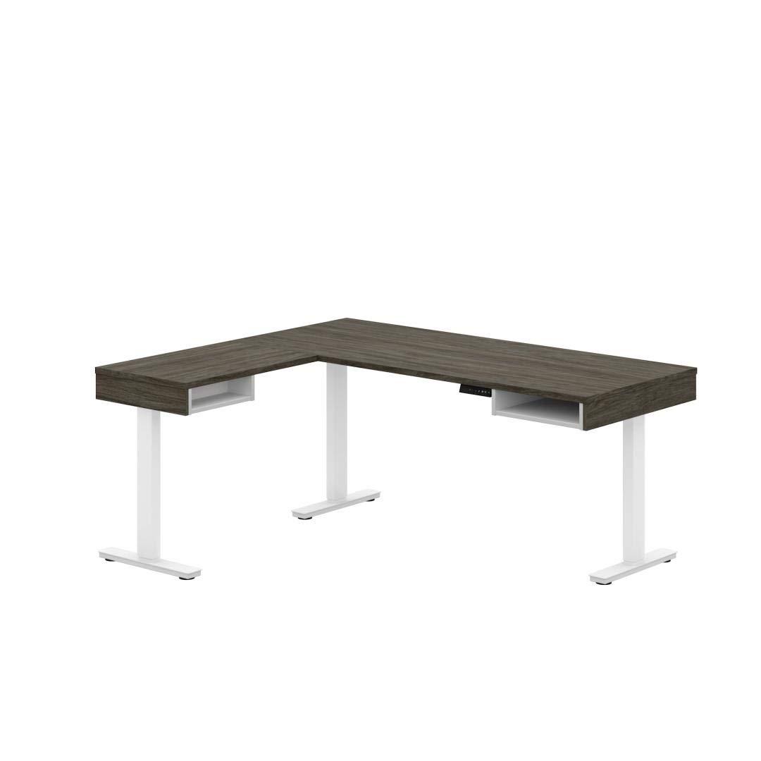 Bestar Pro-Vega L Shaped Adjustable Standing Desk in Walnut Gray and White