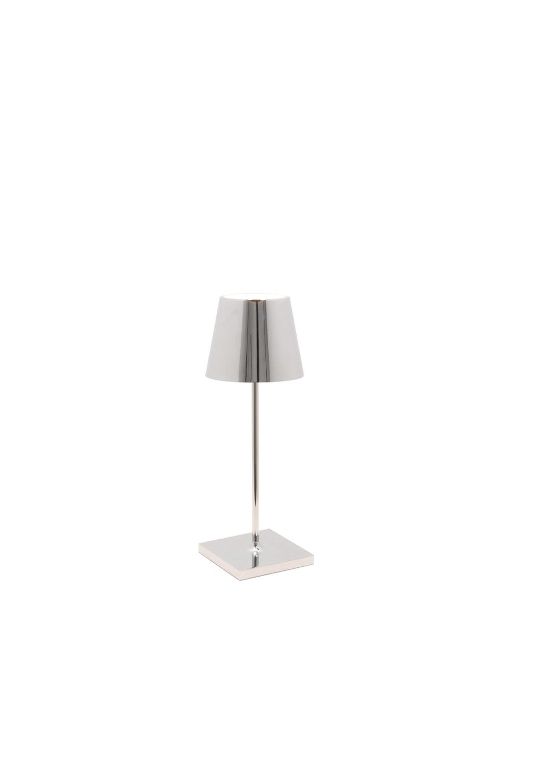 Zafferano Poldina Pro Mini Table Lamp Color: Glossy Chrome in Aluminum, IP54 Protection, Contact Charging Base Included, 11, USA Plug