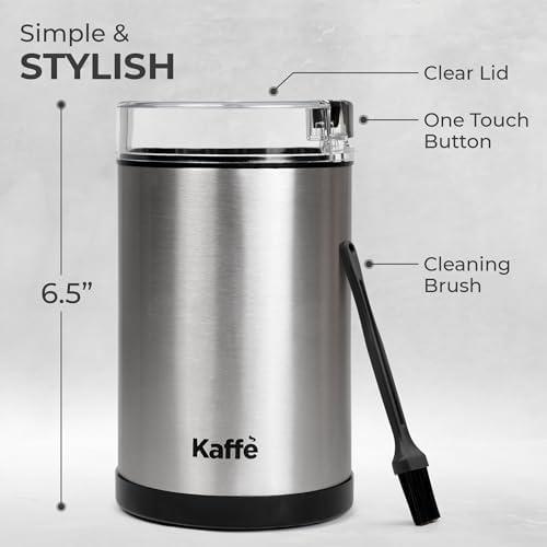 Kaffe One-Touch Coffee Grinder Electric w/Cleaning Brush (3 oz) - Stainless Steel - Coffee Grinders for Home Use - Up to 12 Cups of Coffee per Grind - Easy On/Off Coffee Bean Grinder - Silver