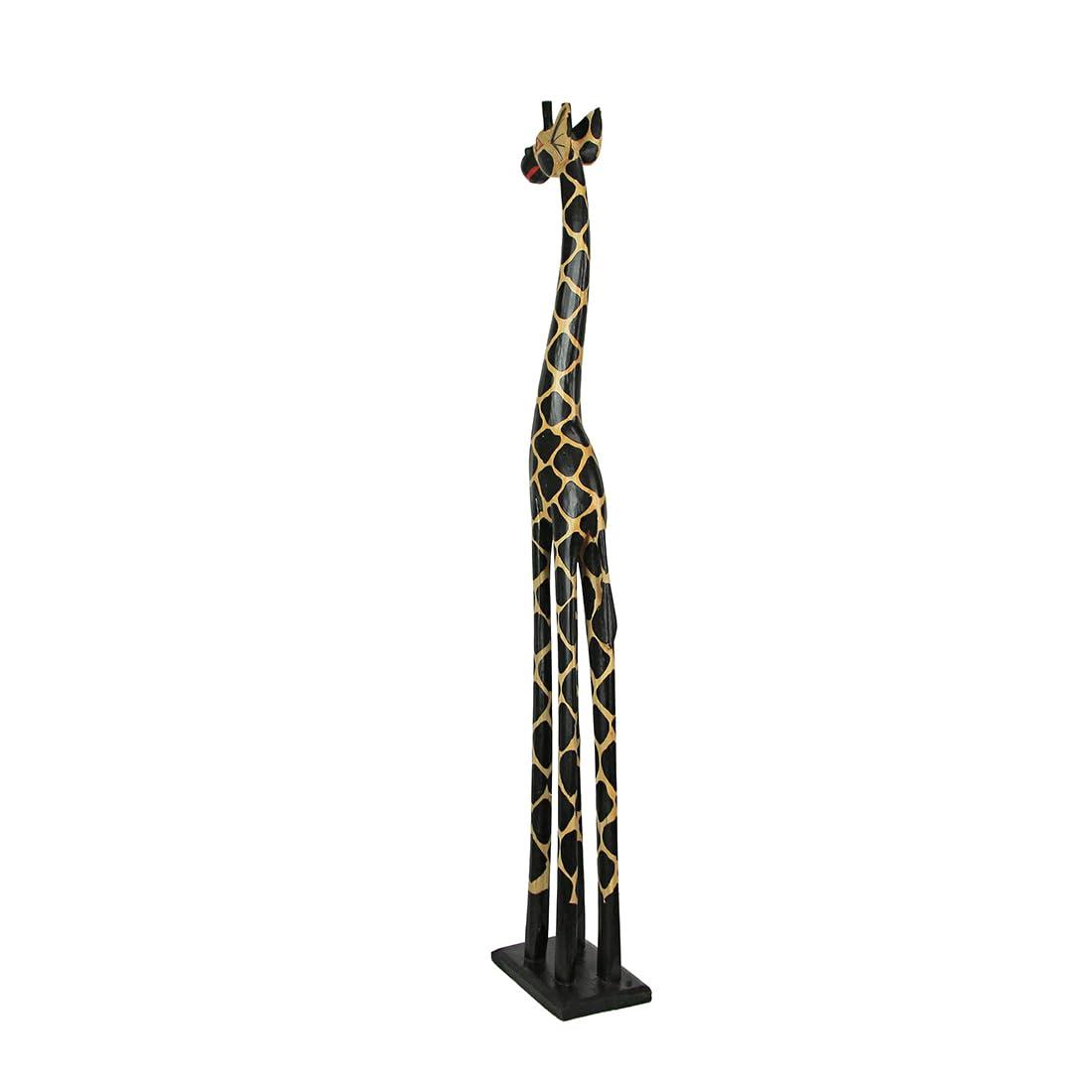Hand-Carved 36-Inch Tall Black and Beige Wooden Giraffe Statue