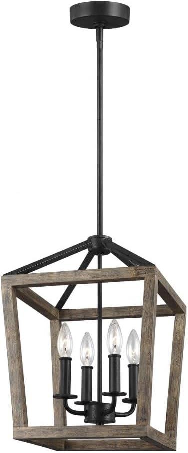 Mini Brass Cage Chandelier with Weathered Oak & Forged Iron