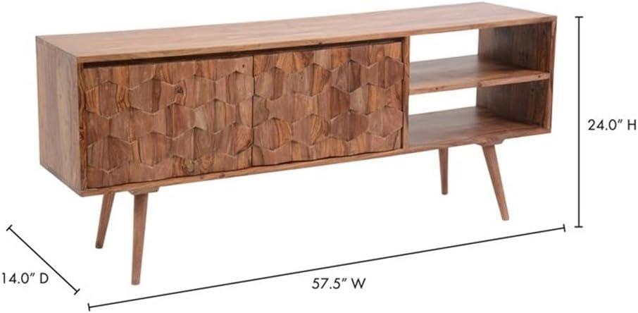 Mid-Century Modern Sheesham Wood 57'' TV Console with Fireplace