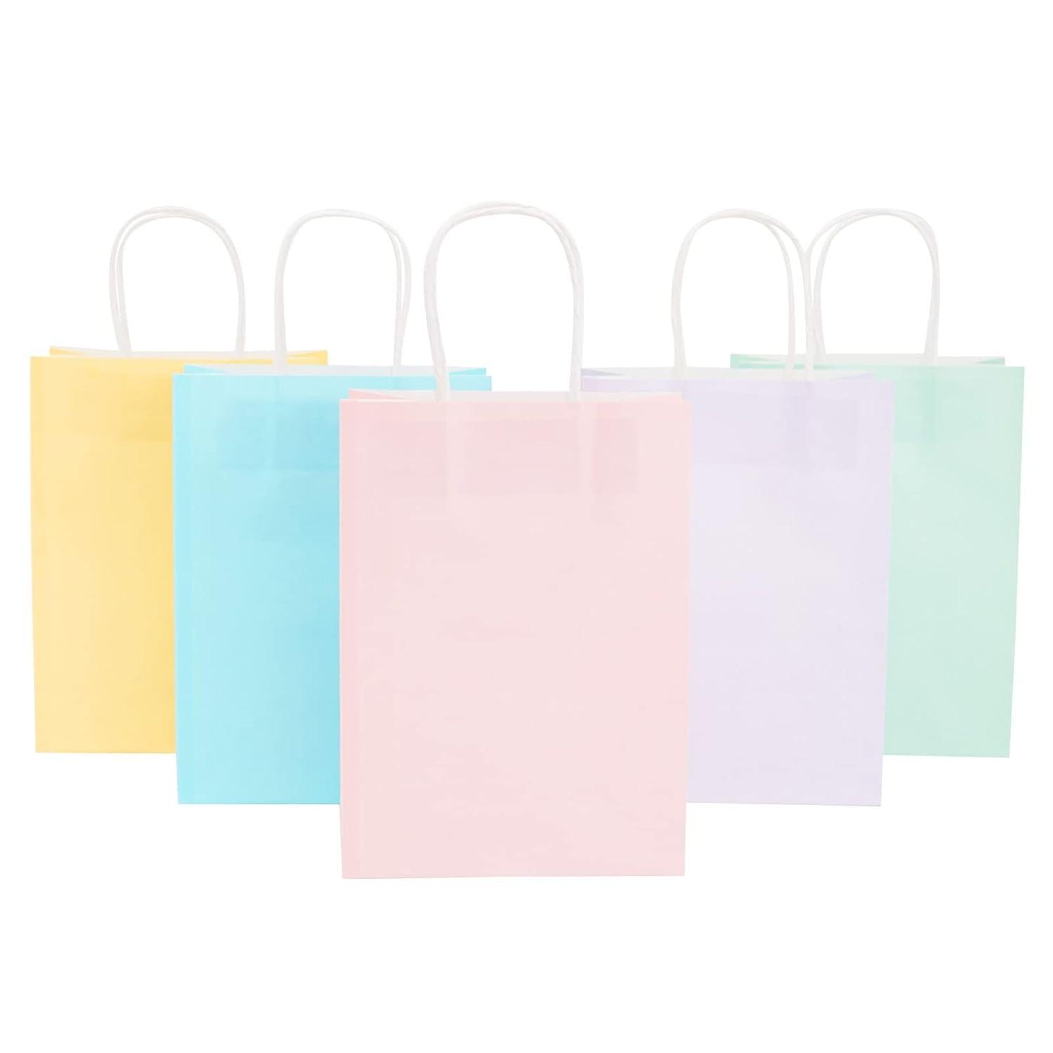Juvale 25 Pack Pastel Gift Bags with Handles, Paper Party Favor Bags, for Goodies, Birthdays, 5 Colors - 6.3x3.2x8.7 inch