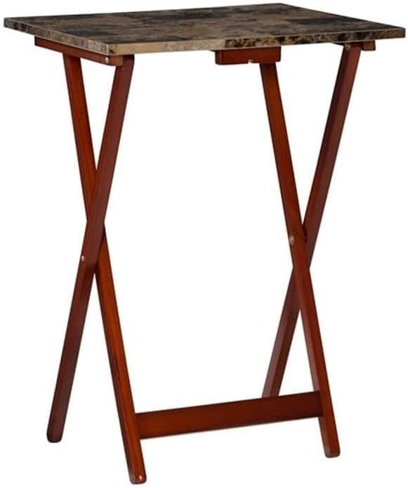 Brown Faux Marble and Rubberwood Folding Tray Table Set