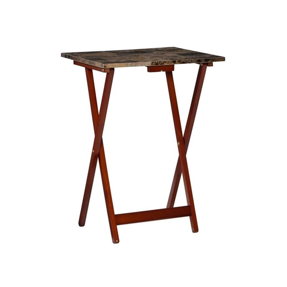 Brown Faux Marble and Rubberwood Folding Tray Table Set
