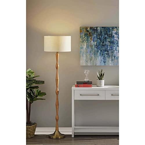 Antique Brass & Natural Oak Off-White Shade Modern Bohemian Floor Lamp