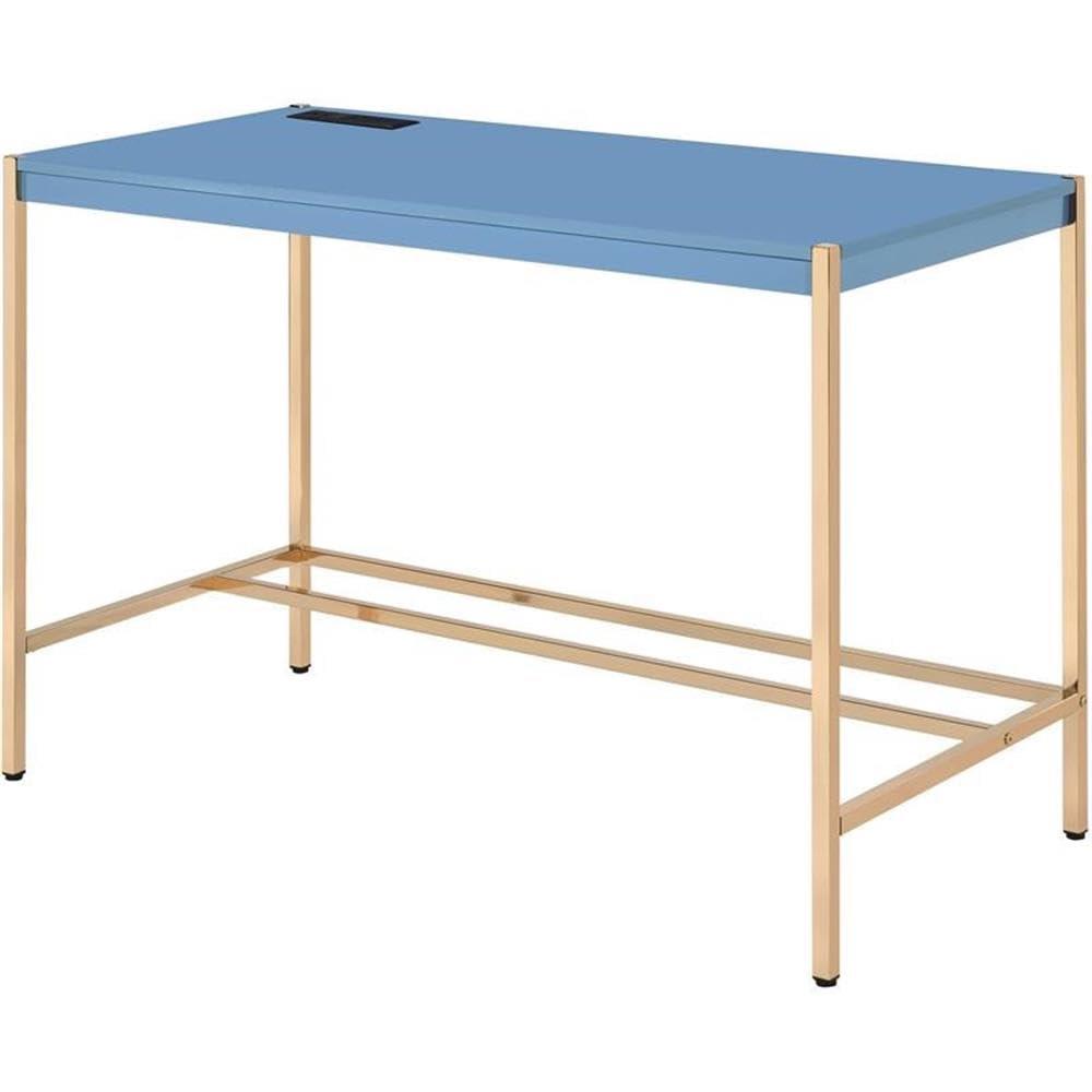 Mercer41 Navy Blue and Gold Writing Desk with USB Ports, Modern Design for Enhanced Workspace and Connectivity
