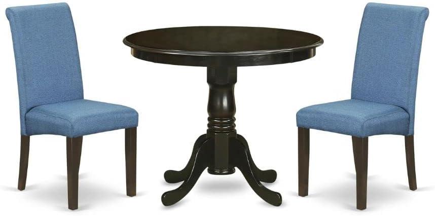 Cappuccino Round Wood Dining Table with Blue Linen Chairs