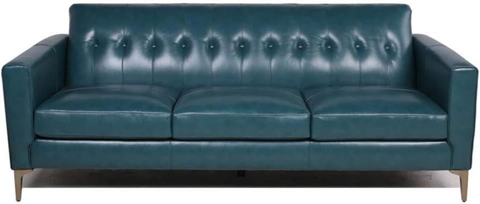 Turquoise Leather Tufted Sofa with Removable Cushions