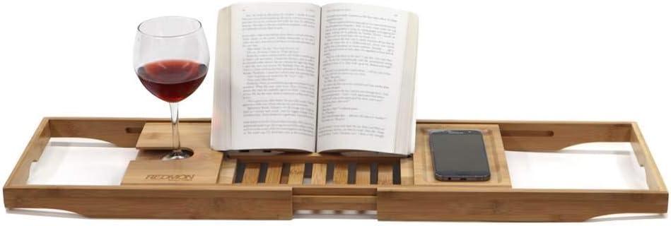 Bamboo Bath Caddy with Reader Stand and Wine Glass Holder, Adjustable Width to 41 Inches