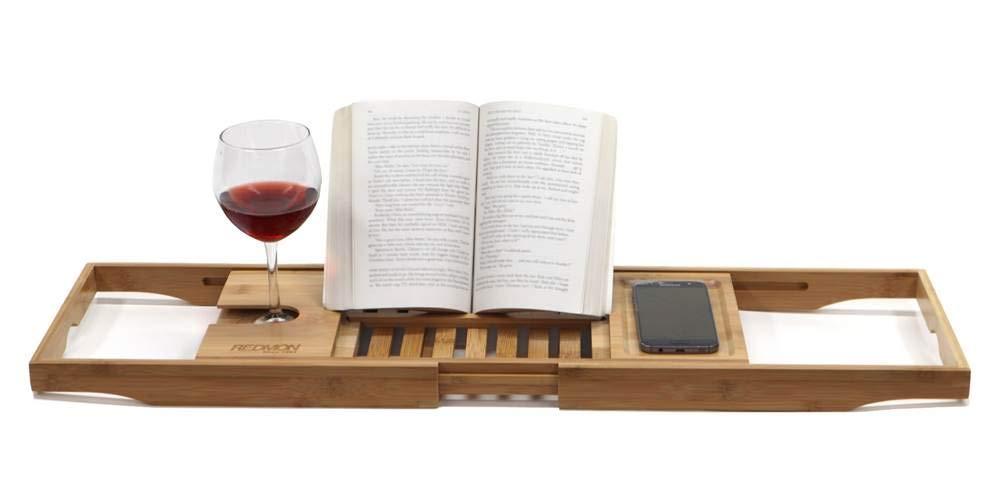 Bamboo Bath Caddy with Reader Stand and Wine Glass Holder, Adjustable Width to 41 Inches