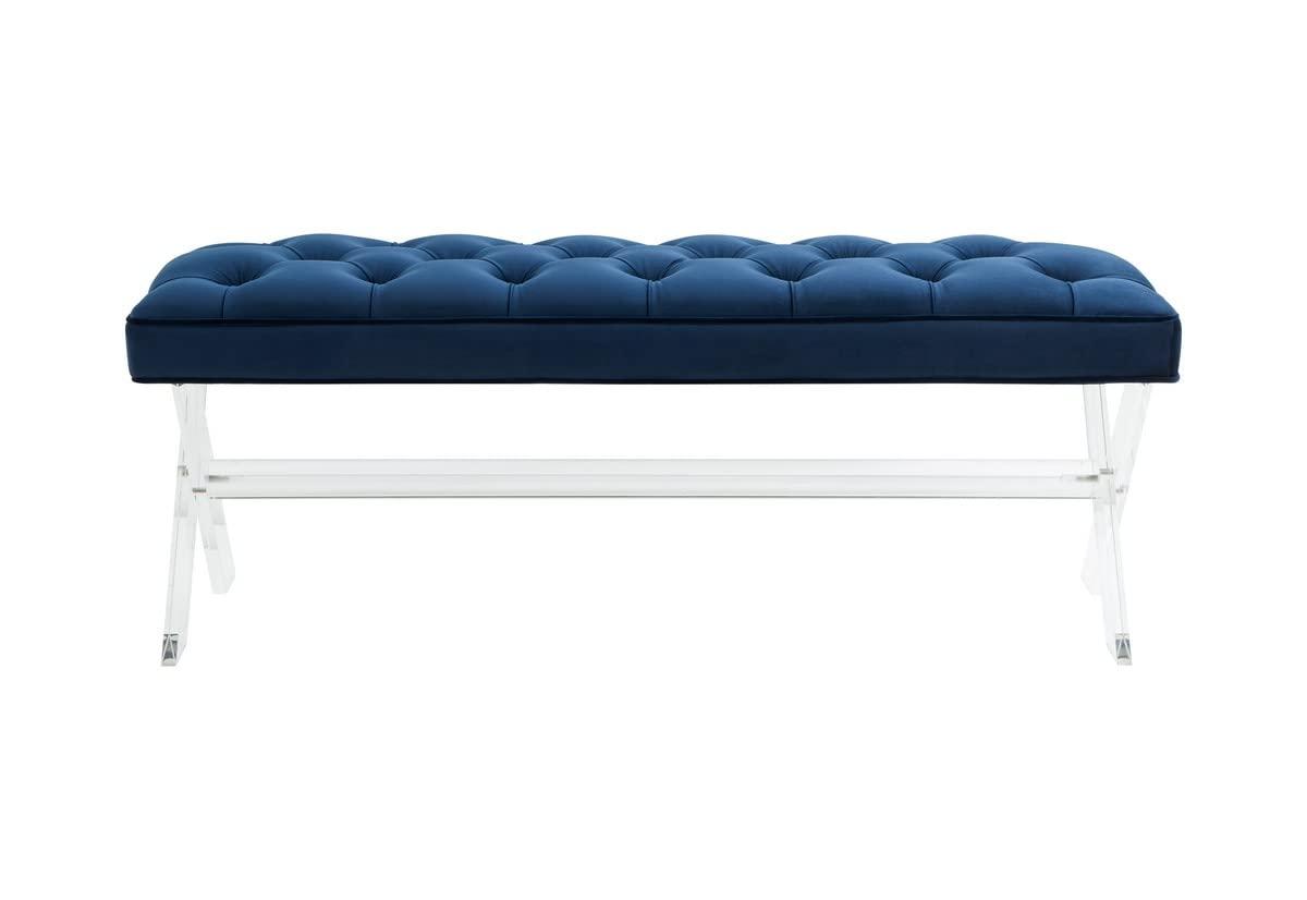 Safavieh Couture Home Collection Tourmaline Glam Navy Blue Velvet Tufted Acrylic Living Room Bedroom Dining Foyer Entryway Ottoman Bench