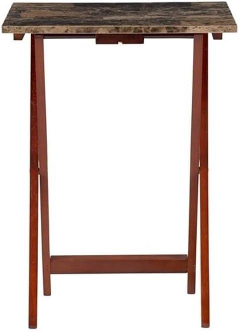 Brown Faux Marble and Rubberwood Folding Tray Table Set