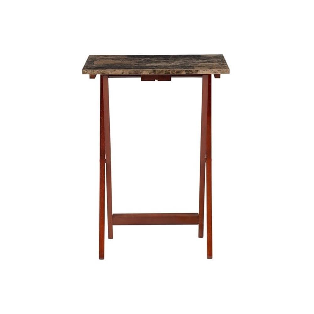 Brown Faux Marble and Rubberwood Folding Tray Table Set