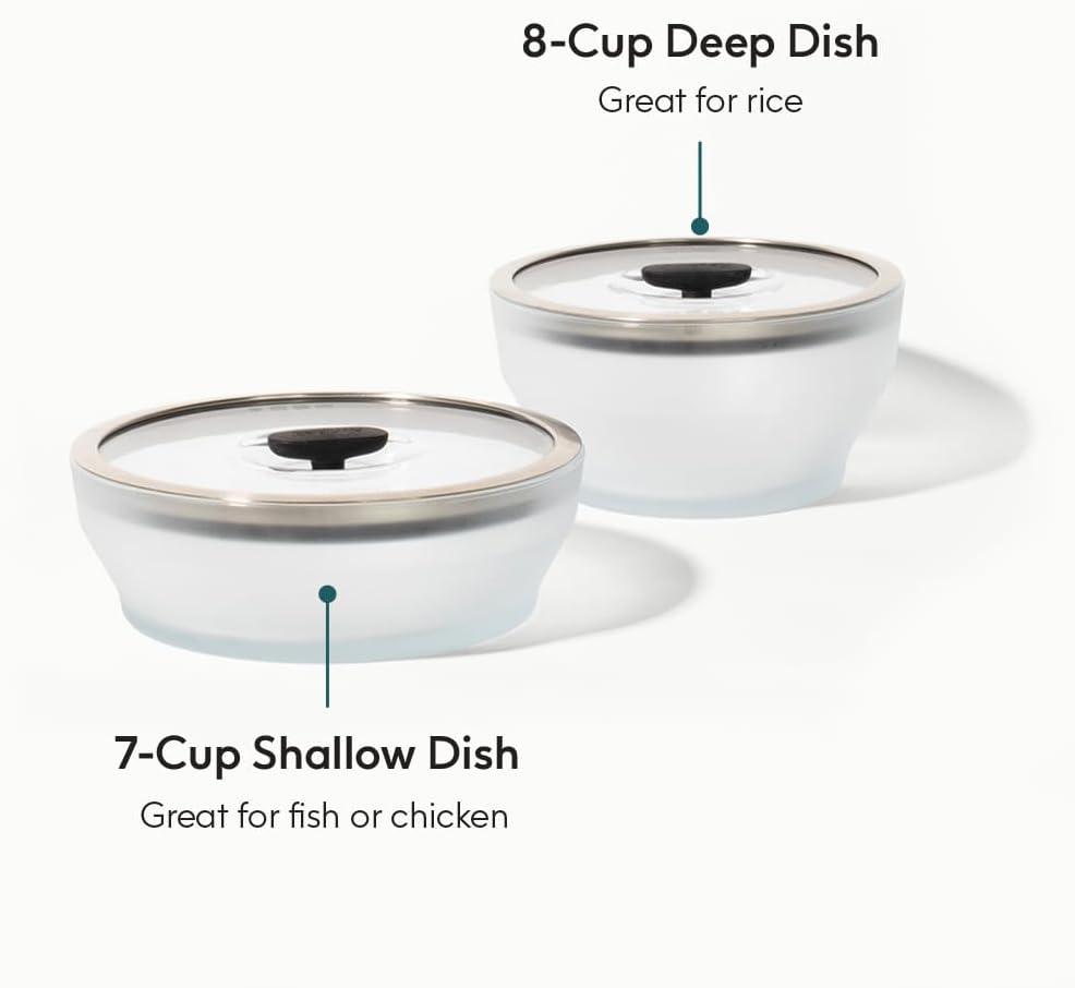 Large Frosted Glass Microwave Cookware Set with Silicone-Rimmed Lids