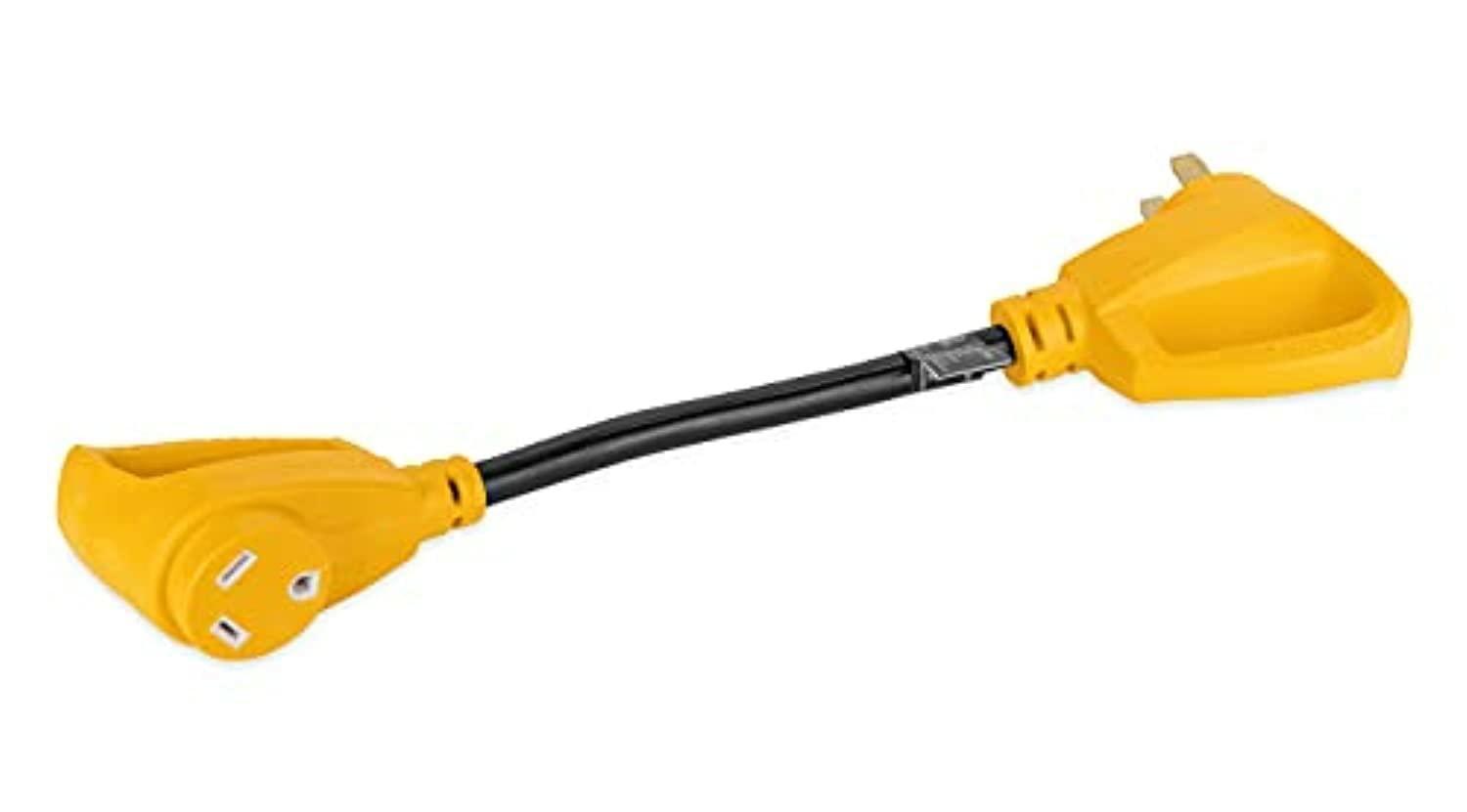 Camco Power Grip 18-inch 50 to 30-Amp Dogbone RV Electrical Adapter - 125 Volts 3750 Watts – 10/3-Gauge Wires, Yellow (55175)