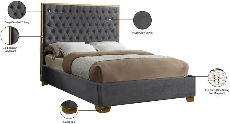 Meridian Furniture Lana Solid Wood and Velvet Queen Bed in Gray