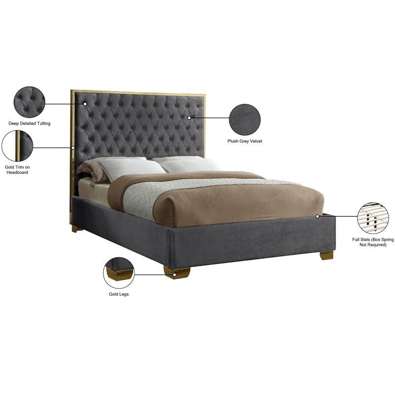 Meridian Furniture Lana Solid Wood and Velvet Queen Bed in Gray