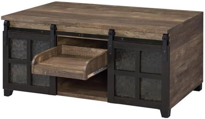 DremFaryoyo Nineel Coffee Table  Obscure Glass  Rustic Oak & Black Finish 87955