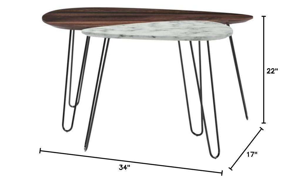 34" Bodhi Wood and Faux Marble Nesting Coffee Table Set Walnut/White Marble/Matte Black - Nathan James