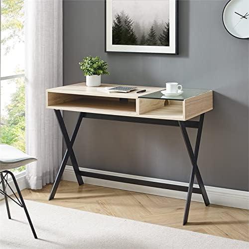 Birch and Glass X-Leg Writing Desk with Open Storage