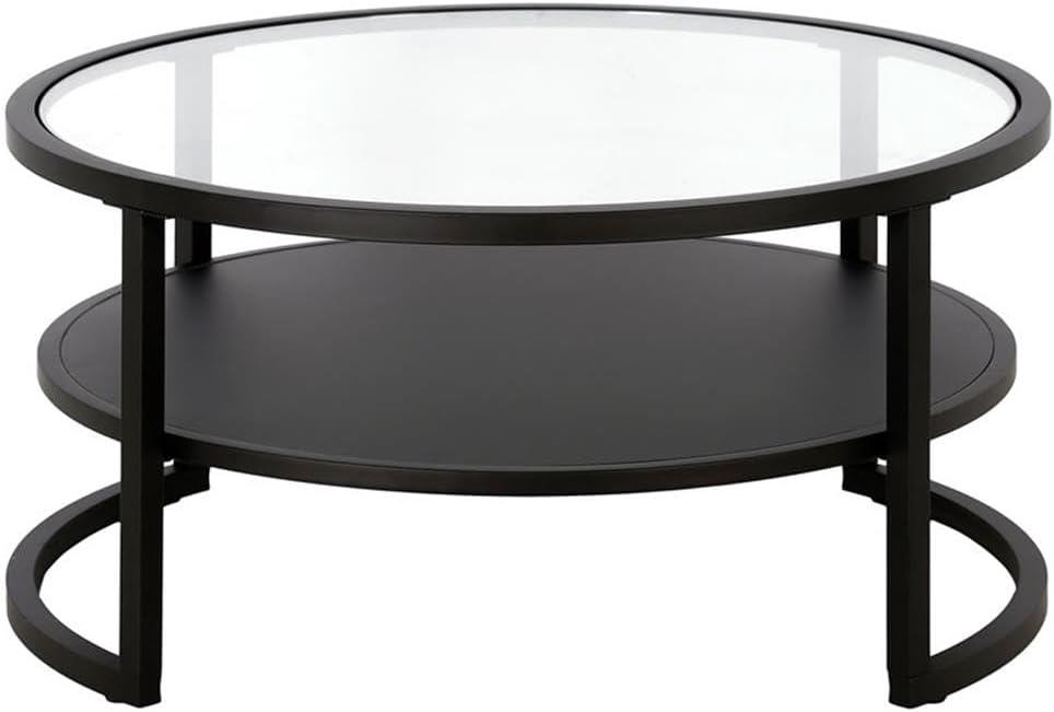 Evelyn&Zoe Winston 34.25" Wide Round Coffee Table with Metal Shelf in Blackened Bronze