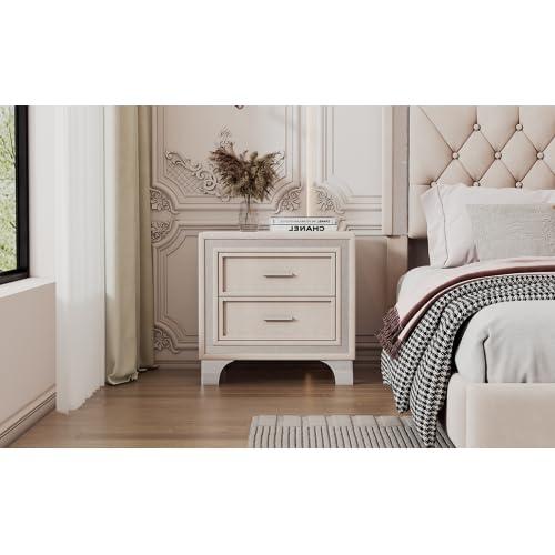 Harper & Bright Designs Upholstered Wooden Nightstand with 3 Drawers and Metal Legs & Handles, Bedside Table with Marbling Worktop, Beige