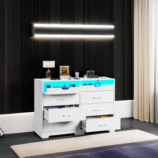 White Double Dresser with LED Lights and Pull-Out Tray