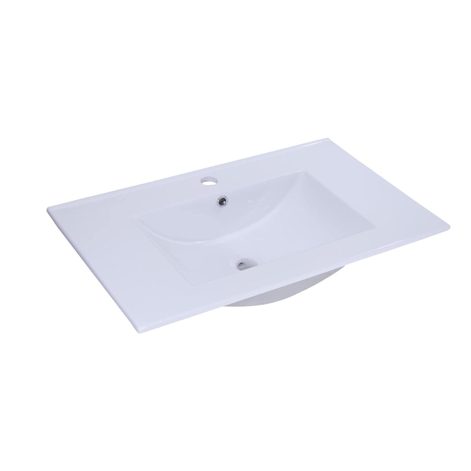 Miniyam 24" Ceramic Sink with Overflow, Drop in Bathroom Vessel Sink, White