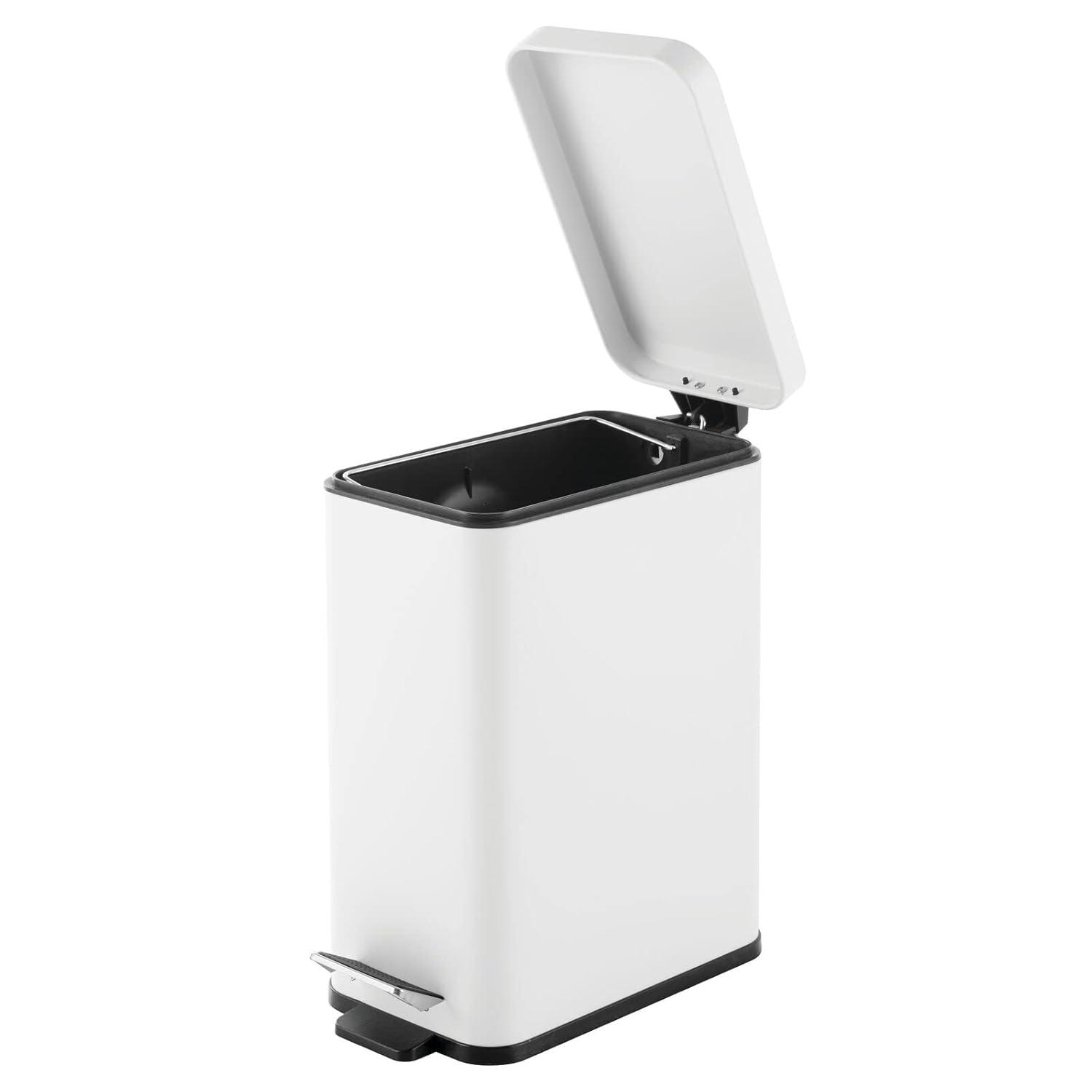 mDesign Slim Metal 2.6 Gallon Step Trash Can with Lid and Liner Bucket, White