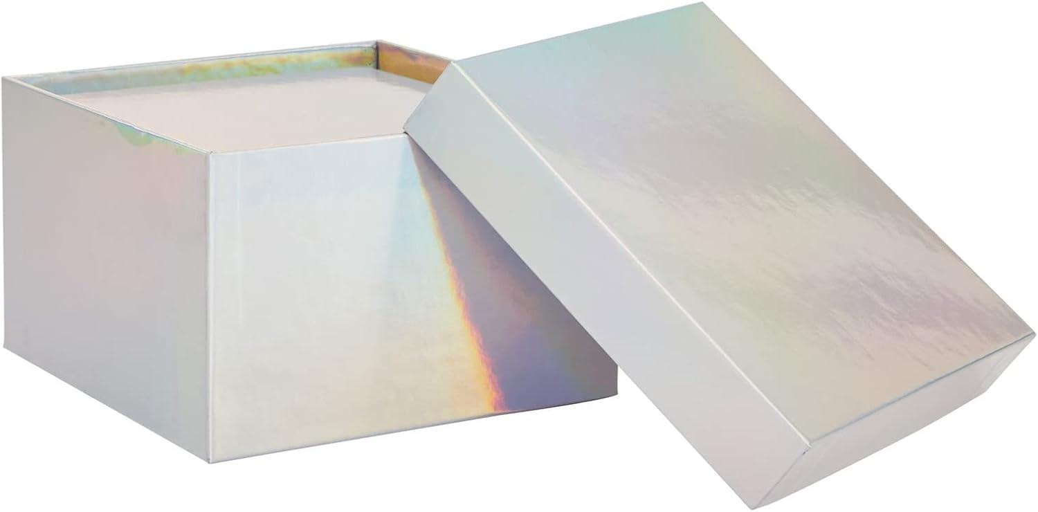 Stockroom Plus Set of 4 Sizes Square Nesting Gift Boxes with Lids for Presents, Decorative Goodie Box for Holidays, Holographic Silver