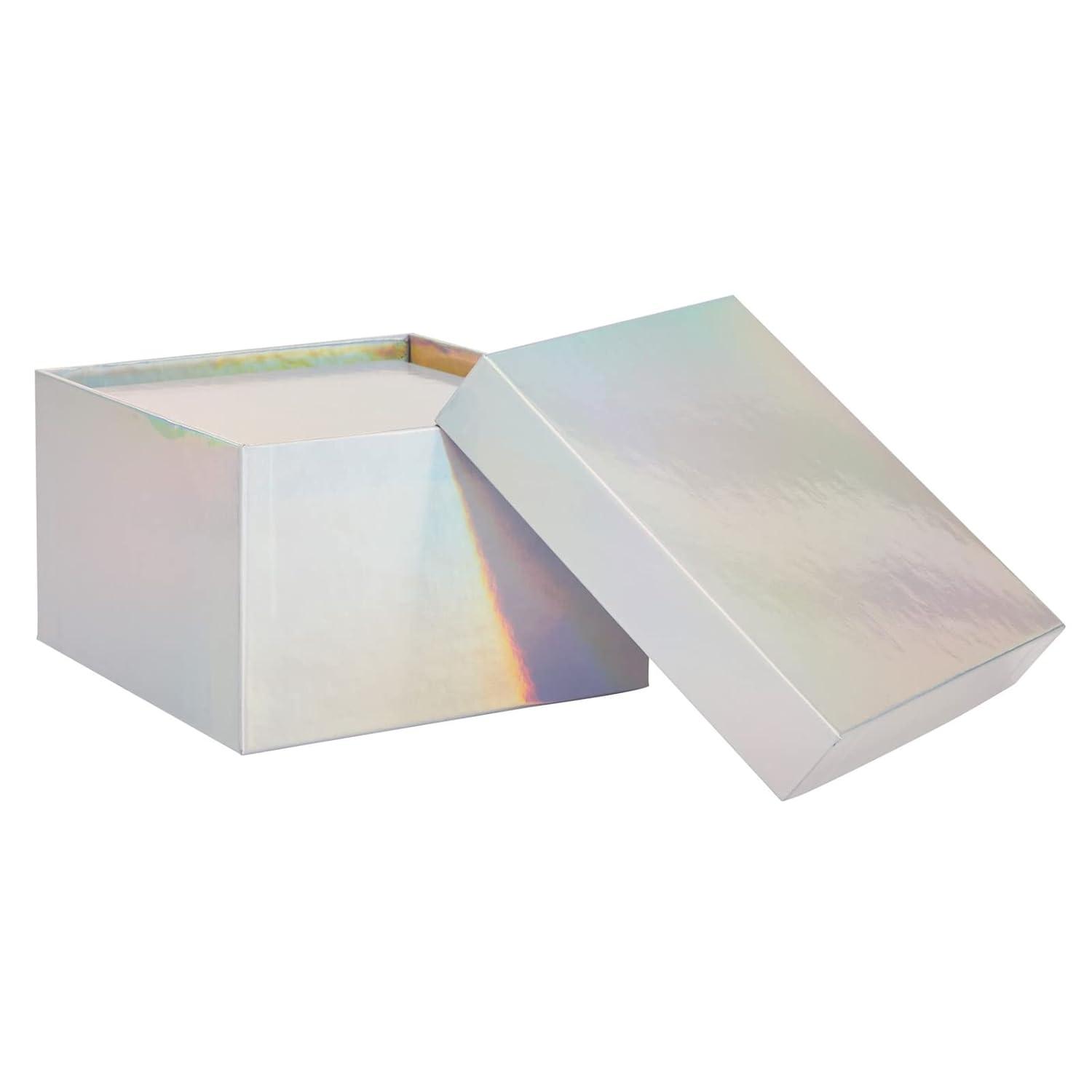Stockroom Plus Set of 4 Sizes Square Nesting Gift Boxes with Lids for Presents, Decorative Goodie Box for Holidays, Holographic Silver