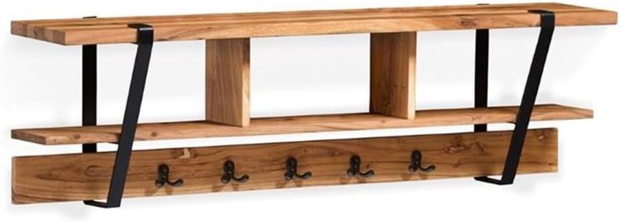 Ryegate Natural Acacia Wood Wall Shelf with Black Metal Hooks