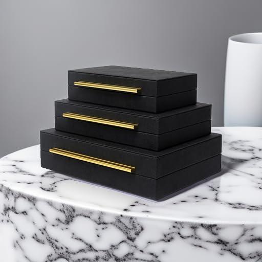Faux  Leather Decorative Jewelry Storage Nesting Organizer Boxes with Lids Gold Handle Set of 3, Black