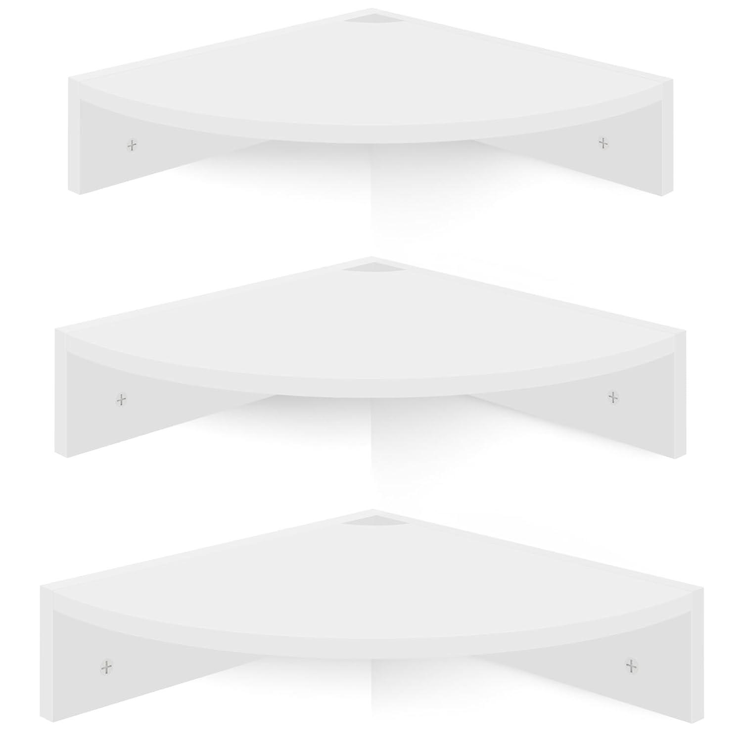 Homode Floating Corner Shelves, Set of 3 Wood Corner Wall Shelves with Wire Hole, 12 Inch Deep Hanging Corner Display Shelf for Living Room, Kitchen, Bedroom, White