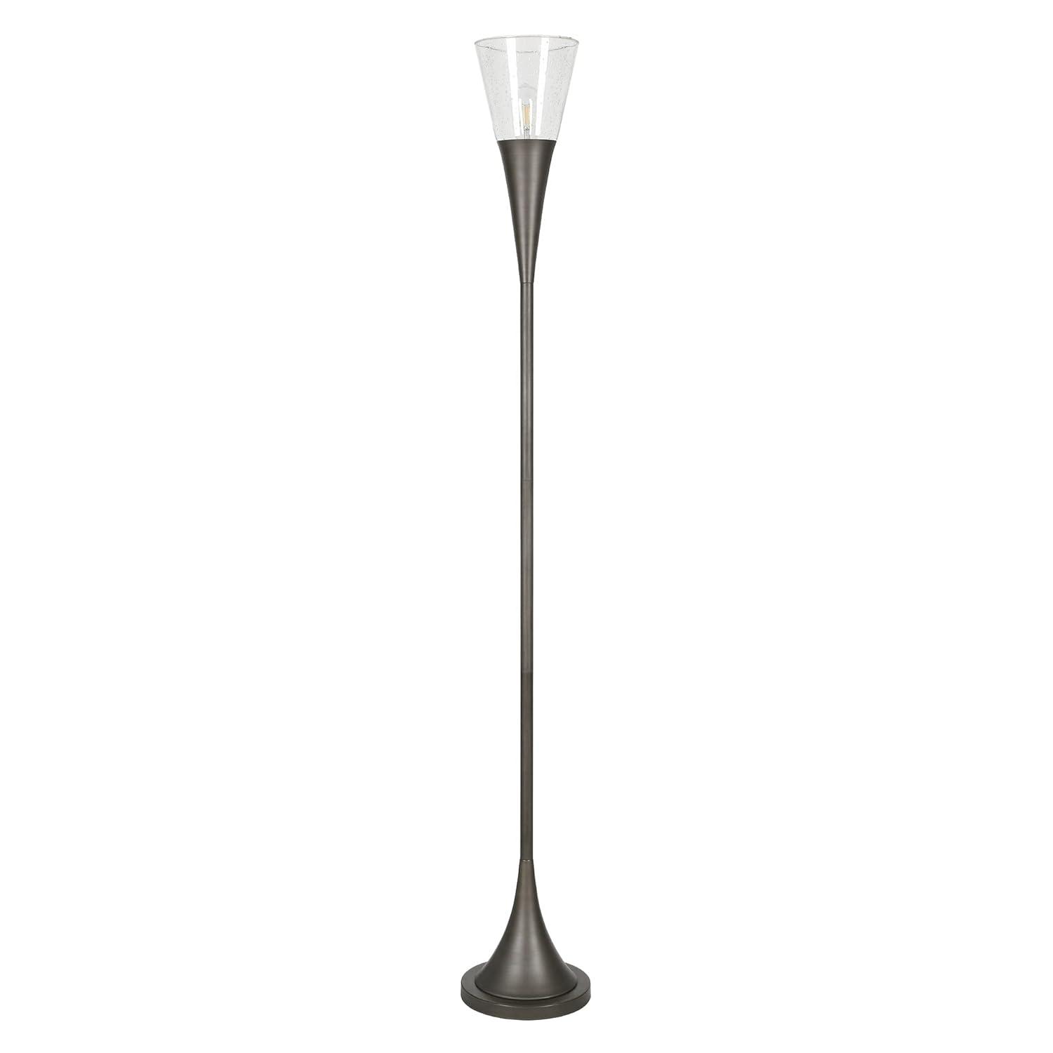 Moura Torchiere Floor Lamp with Glass Shade in Aged Steel/Seeded