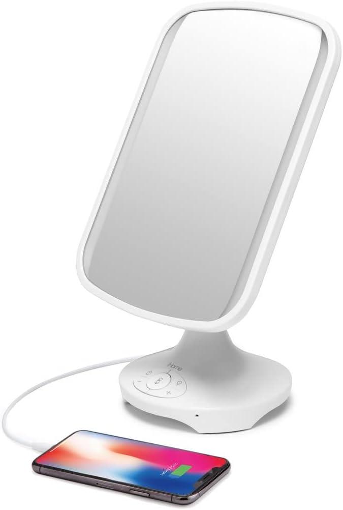 Sleek 7" x 9" White LED Vanity Mirror with Bluetooth Speaker and USB