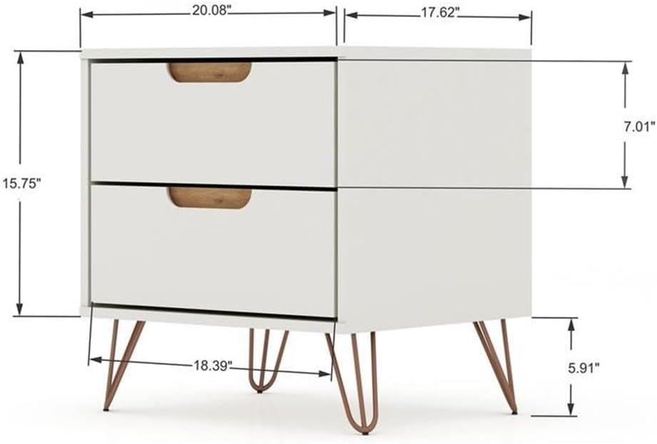 Manhattan Comfort 2.0 Rockefeller Nightstand Off White/Natural: Mid-Century Design, Splayed Metal Legs, Dual Drawers
