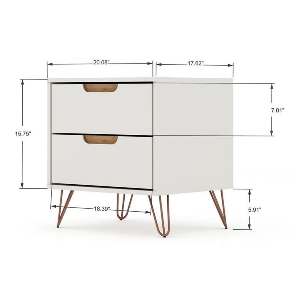Manhattan Comfort 2.0 Rockefeller Nightstand Off White/Natural: Mid-Century Design, Splayed Metal Legs, Dual Drawers
