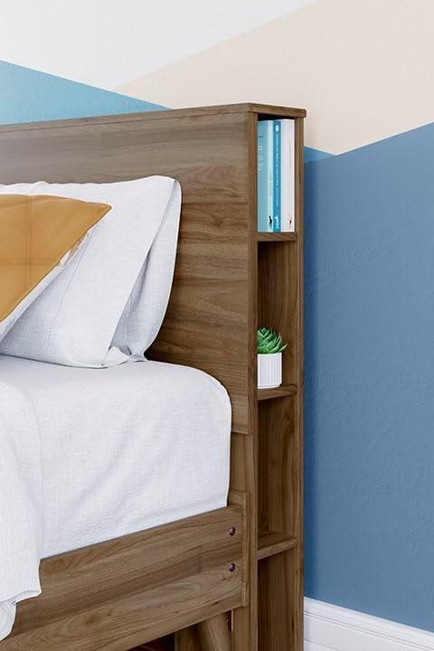 Twin Brown Wood Bookcase Headboard with Storage and USB Ports