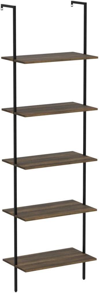 5-Tier Brown and Black Wall-Mounted Ladder Shelf