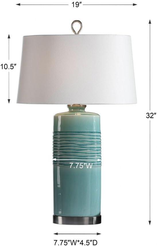 Uttermost Modern Table Lamp 32" Tall Distressed Teal Blue-Green Glaze Linen Fabric Oval Shade for Living Room Bedroom House Home