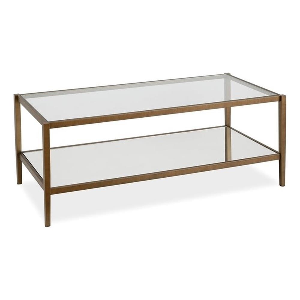 Modern Rectangle Coffee Table in Brass and Gold with Mirrored Shelf - Henn&Hart